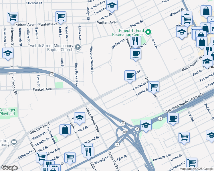 map of restaurants, bars, coffee shops, grocery stores, and more near 850 Oakman Boulevard in Detroit