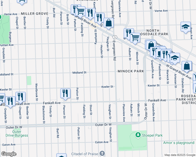 map of restaurants, bars, coffee shops, grocery stores, and more near 15466 Kentfield Street in Detroit