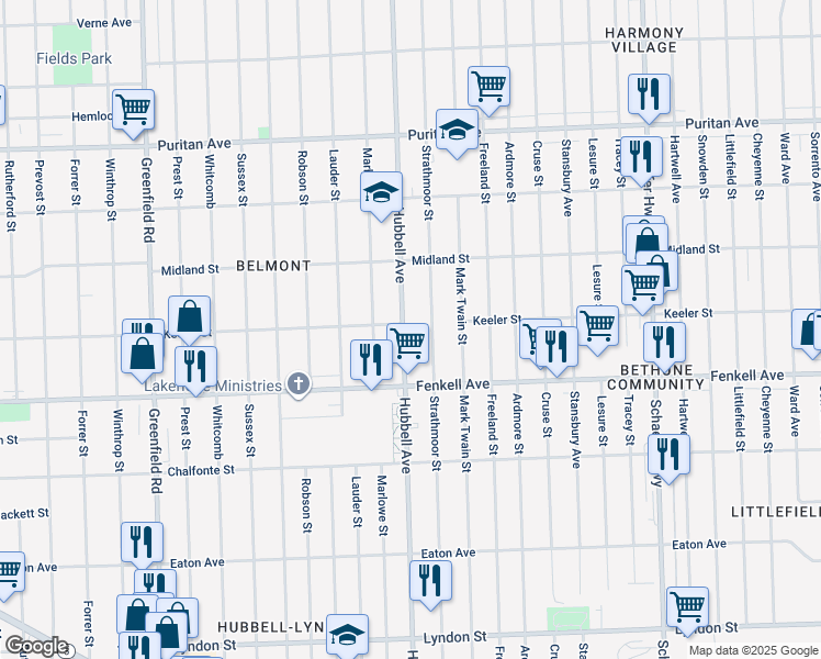 map of restaurants, bars, coffee shops, grocery stores, and more near 15384 Hubbell Avenue in Detroit