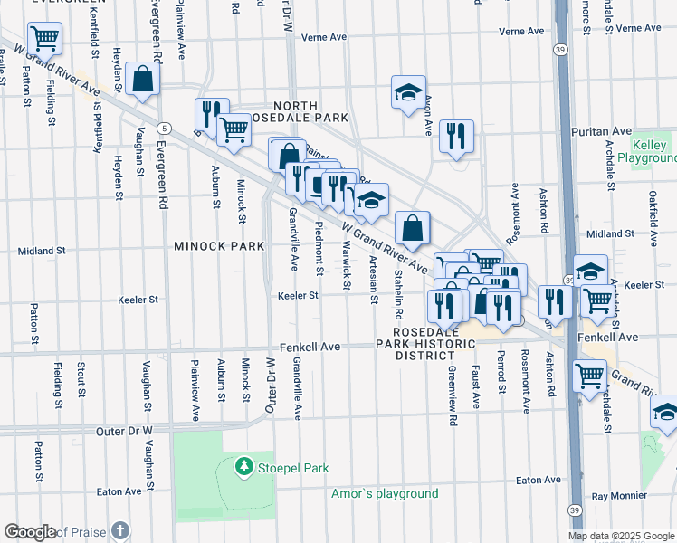 map of restaurants, bars, coffee shops, grocery stores, and more near 15455 Warwick Street in Detroit