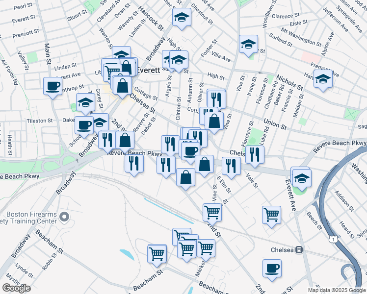 map of restaurants, bars, coffee shops, grocery stores, and more near 1911 Revere Beach Parkway in Everett