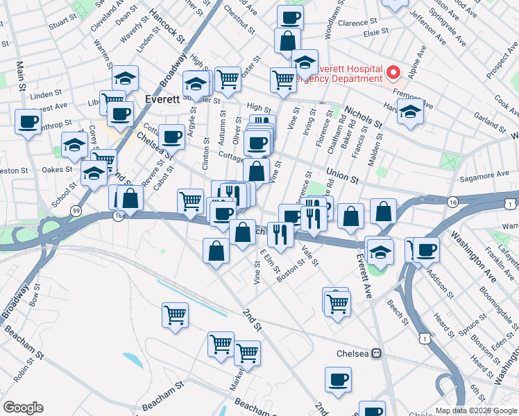 map of restaurants, bars, coffee shops, grocery stores, and more near 120 Vine Street in Everett