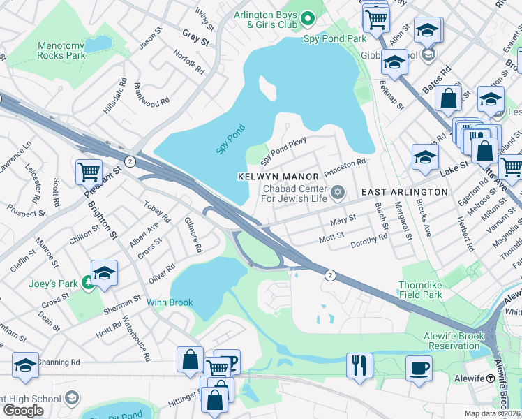 map of restaurants, bars, coffee shops, grocery stores, and more near 21 Spy Pond Parkway in Arlington