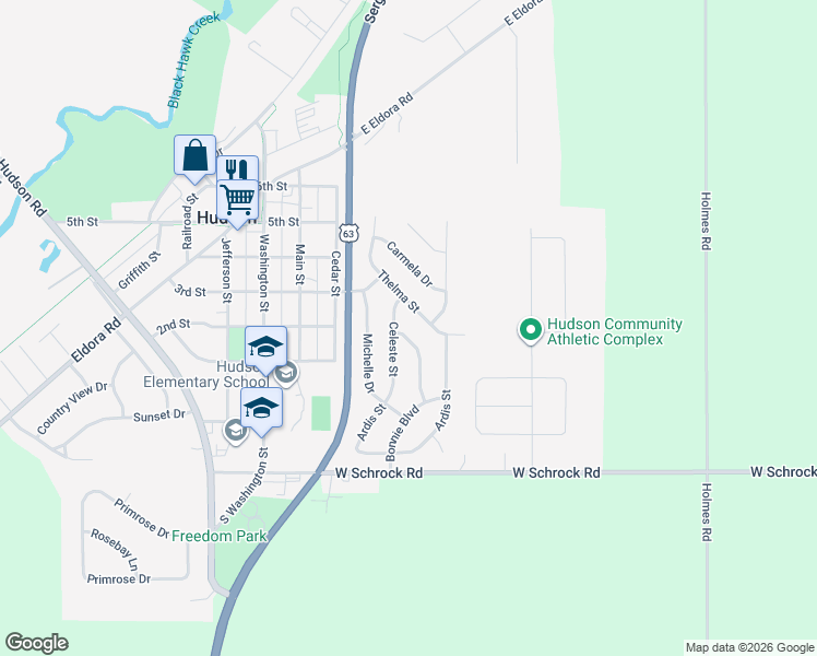 map of restaurants, bars, coffee shops, grocery stores, and more near 306 Thelma Street in Hudson