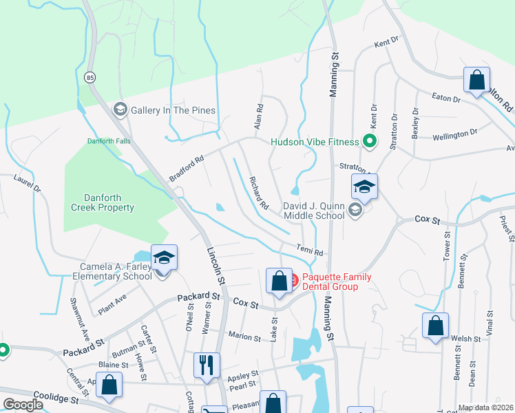 map of restaurants, bars, coffee shops, grocery stores, and more near 21 Richard Road in Hudson