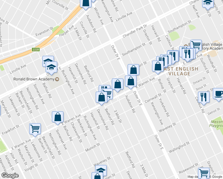 map of restaurants, bars, coffee shops, grocery stores, and more near 5059 Courville Street in Detroit