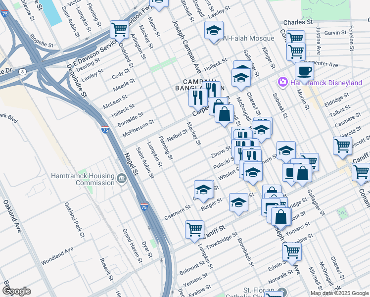 map of restaurants, bars, coffee shops, grocery stores, and more near 2370 Botsford Street in Hamtramck