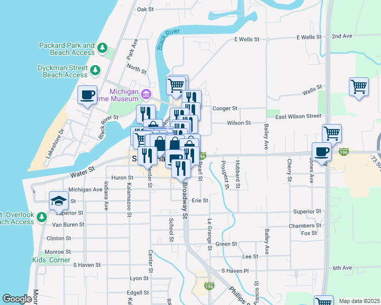 map of restaurants, bars, coffee shops, grocery stores, and more near 601 Phoenix Street in South Haven