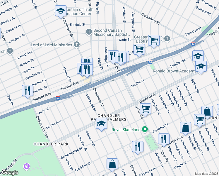 map of restaurants, bars, coffee shops, grocery stores, and more near 5968 Marlborough Street in Detroit