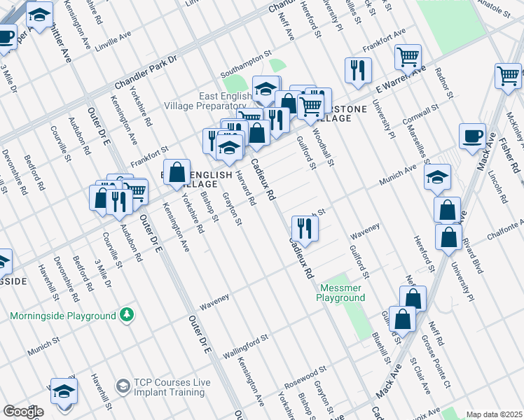 map of restaurants, bars, coffee shops, grocery stores, and more near 4500 Harvard Road in Detroit
