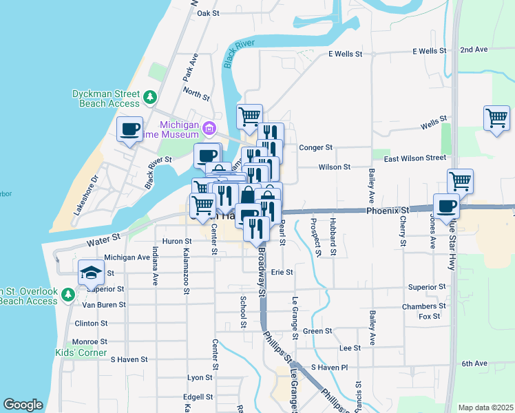 map of restaurants, bars, coffee shops, grocery stores, and more near 274 Broadway Street in South Haven