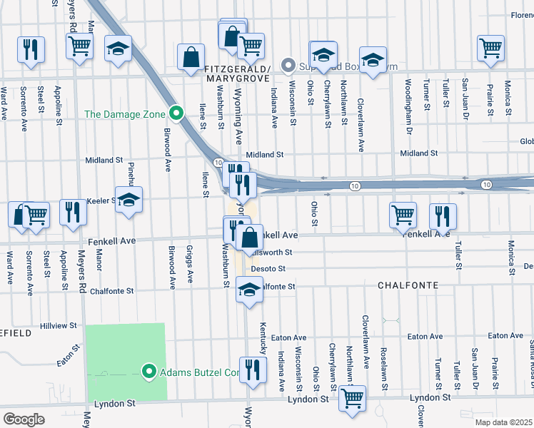 map of restaurants, bars, coffee shops, grocery stores, and more near 15360 Kentucky Street in Detroit