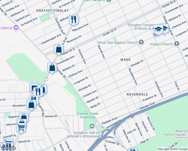 map of restaurants, bars, coffee shops, grocery stores, and more near 11720 Longview St in Detroit