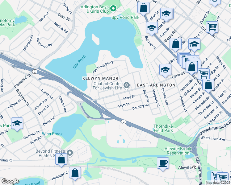 map of restaurants, bars, coffee shops, grocery stores, and more near 155 Lake Street in Arlington