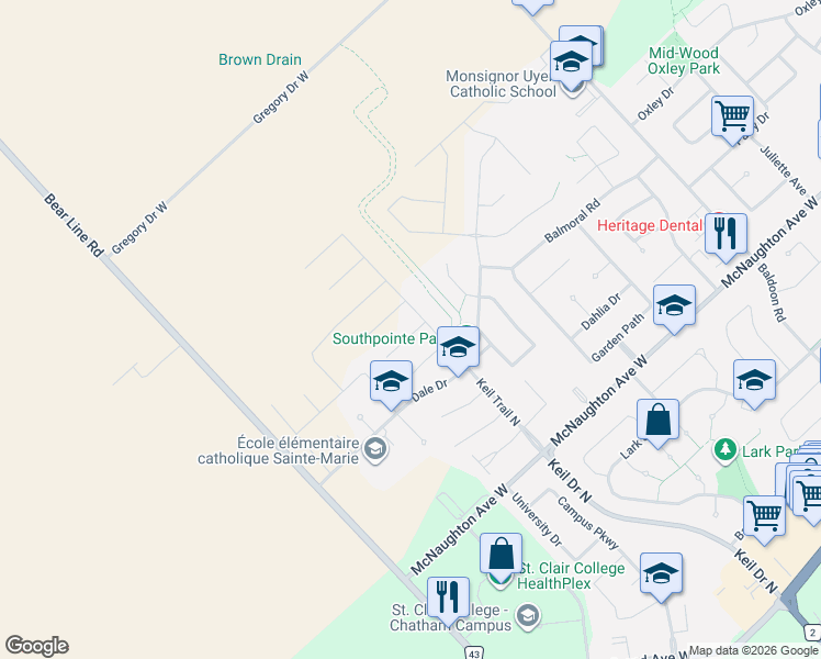 map of restaurants, bars, coffee shops, grocery stores, and more near 112 Cottage Place in Chatham-Kent