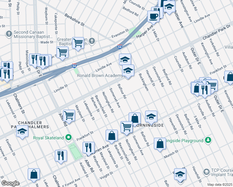 map of restaurants, bars, coffee shops, grocery stores, and more near 5542 Somerset Avenue in Detroit