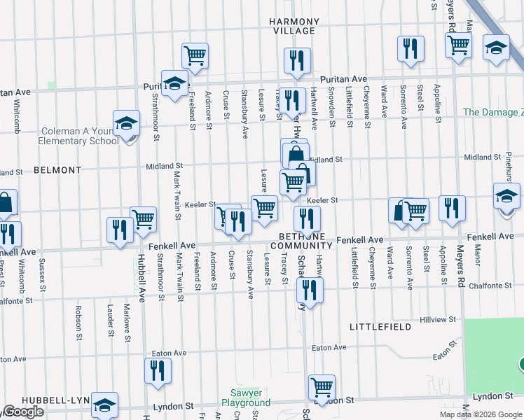 map of restaurants, bars, coffee shops, grocery stores, and more near 15384 Lesure Street in Detroit