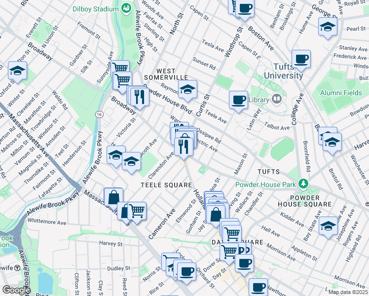 map of restaurants, bars, coffee shops, grocery stores, and more near 7 Curtis Street in Somerville