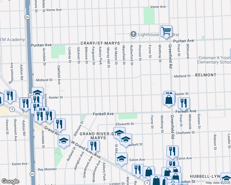 map of restaurants, bars, coffee shops, grocery stores, and more near 15419 Saint Marys Street in Detroit