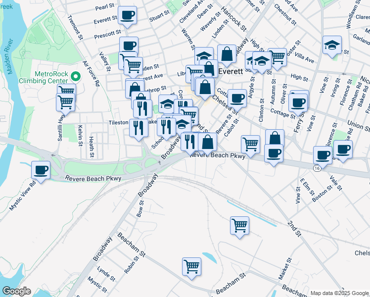map of restaurants, bars, coffee shops, grocery stores, and more near 13 Gladstone Street in Everett