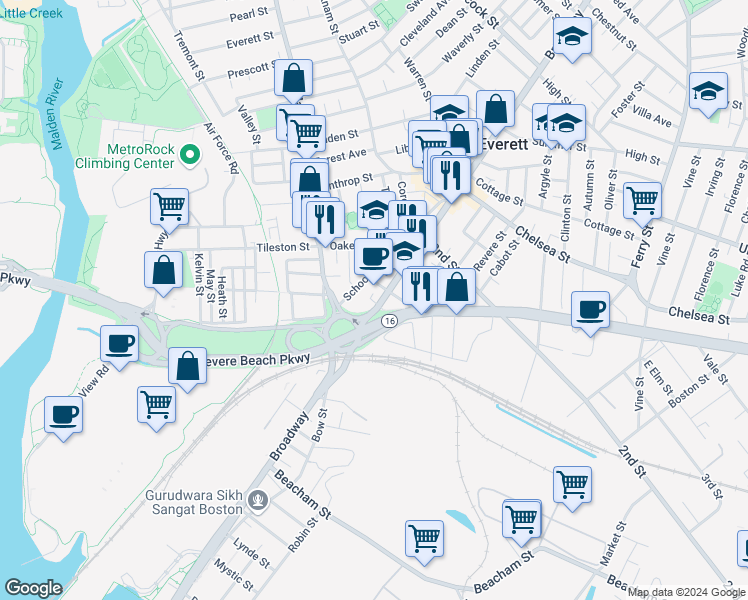 map of restaurants, bars, coffee shops, grocery stores, and more near 308 Broadway in Everett