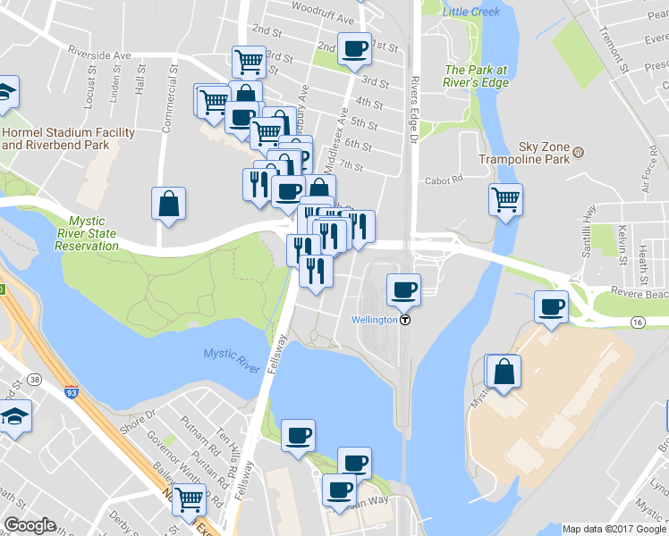 map of restaurants, bars, coffee shops, grocery stores, and more near 62 Station Landing in Medford