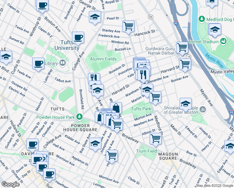 map of restaurants, bars, coffee shops, grocery stores, and more near 1 Berwick Road in Medford