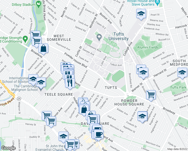 map of restaurants, bars, coffee shops, grocery stores, and more near 23 Ossipee Road in Somerville