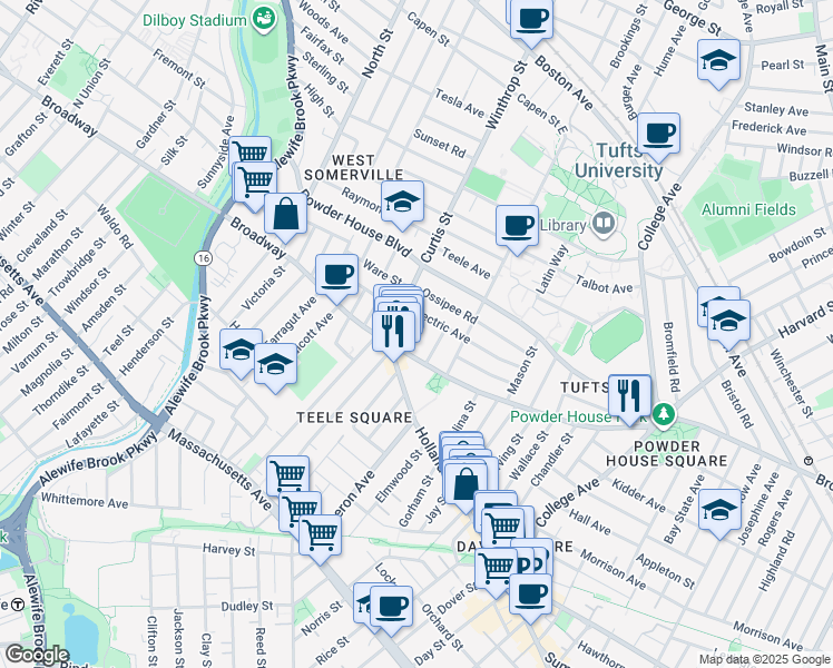 map of restaurants, bars, coffee shops, grocery stores, and more near 22 Lovell Street in Somerville