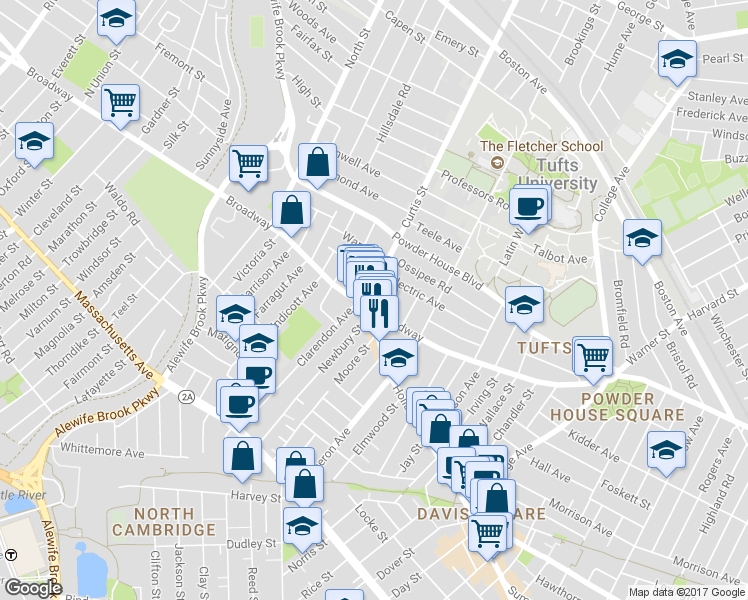 map of restaurants, bars, coffee shops, grocery stores, and more near 5 Curtis Street in Somerville