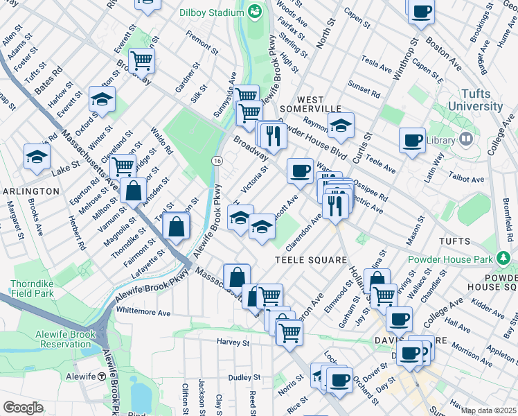 map of restaurants, bars, coffee shops, grocery stores, and more near 51 Farragut Avenue in Somerville