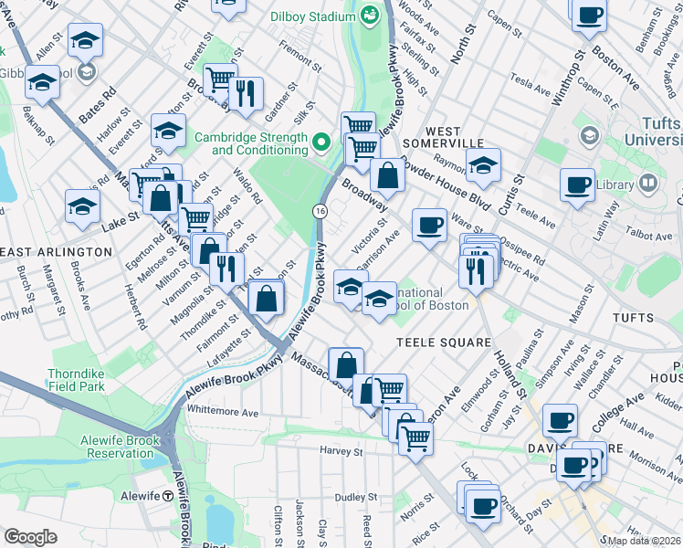 map of restaurants, bars, coffee shops, grocery stores, and more near 84 Hooker Avenue in Somerville