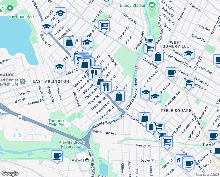 map of restaurants, bars, coffee shops, grocery stores, and more near 26 Teel Street in Arlington