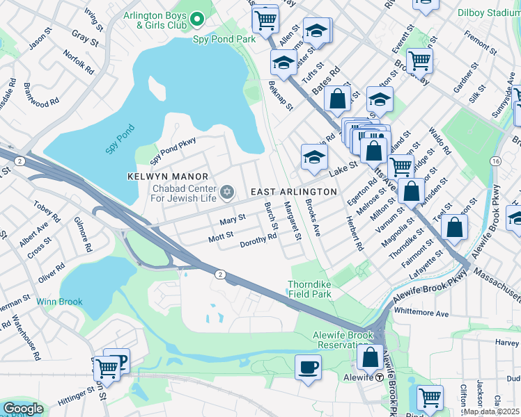 map of restaurants, bars, coffee shops, grocery stores, and more near 45-47 Mary Street in Arlington
