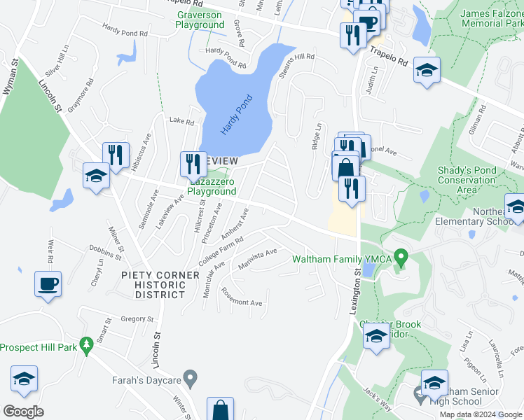 map of restaurants, bars, coffee shops, grocery stores, and more near 126 Lake Street in Waltham