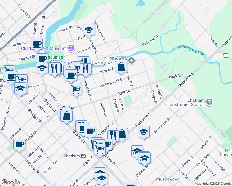 map of restaurants, bars, coffee shops, grocery stores, and more near 232 Park Street in Chatham