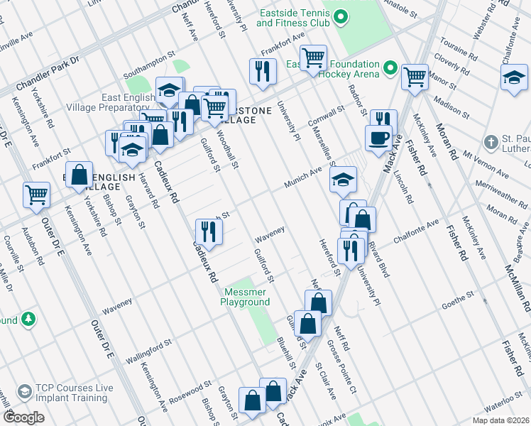 map of restaurants, bars, coffee shops, grocery stores, and more near 4364 Woodhall Street in Detroit