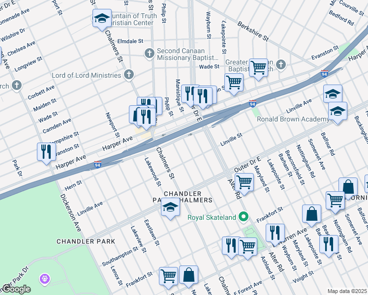 map of restaurants, bars, coffee shops, grocery stores, and more near 5968 Marlborough Street in Detroit