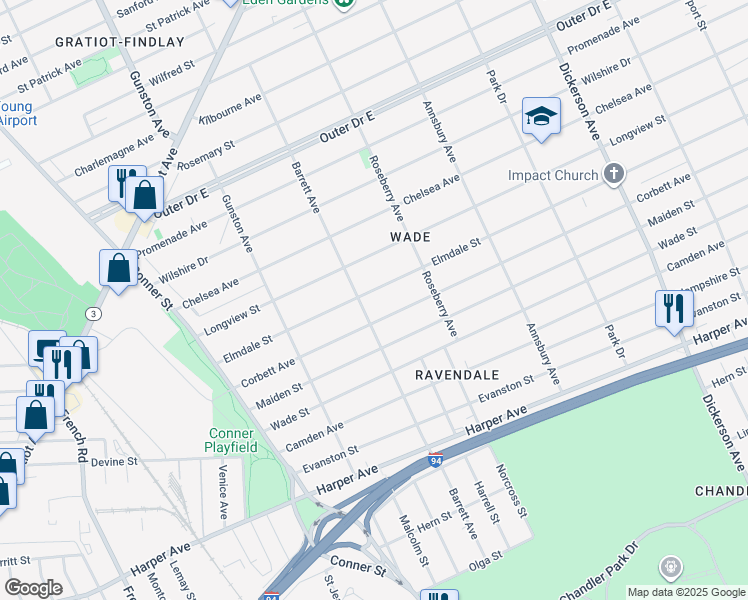 map of restaurants, bars, coffee shops, grocery stores, and more near 12050 Elmdale Street in Detroit