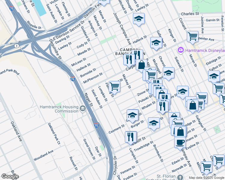 map of restaurants, bars, coffee shops, grocery stores, and more near in Hamtramck