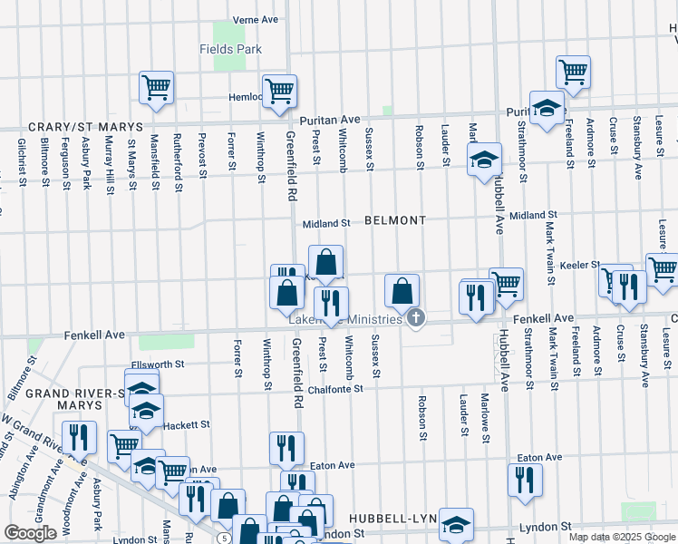 map of restaurants, bars, coffee shops, grocery stores, and more near 15404 Whitcomb in Detroit