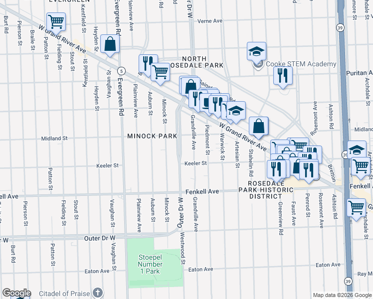 map of restaurants, bars, coffee shops, grocery stores, and more near 9853 Outer Drive West in Detroit