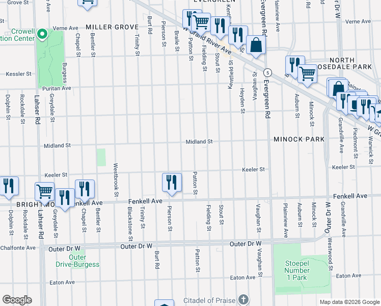 map of restaurants, bars, coffee shops, grocery stores, and more near 15481 Patton Street in Detroit