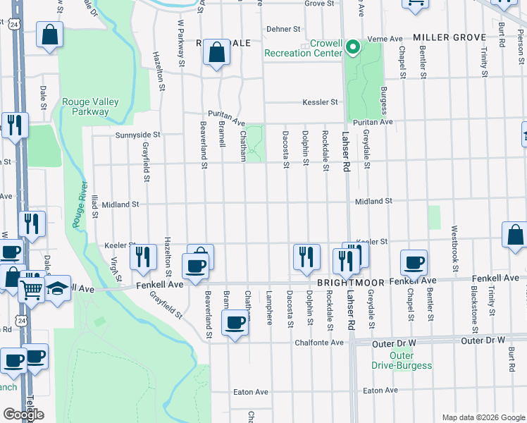 map of restaurants, bars, coffee shops, grocery stores, and more near 15501 Lamphere in Detroit