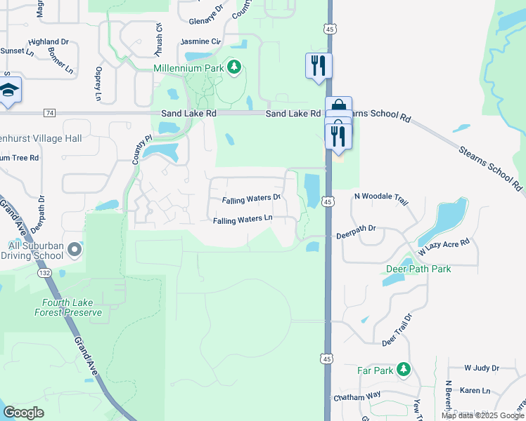 map of restaurants, bars, coffee shops, grocery stores, and more near 3149 Falling Waters Lane in Lindenhurst