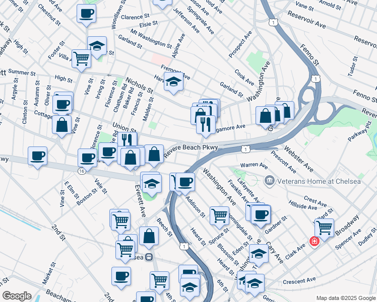 map of restaurants, bars, coffee shops, grocery stores, and more near 17 Reynolds Avenue in Chelsea