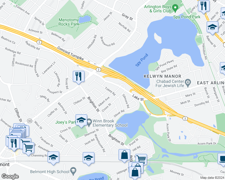 map of restaurants, bars, coffee shops, grocery stores, and more near 29 Tobey Road in Belmont