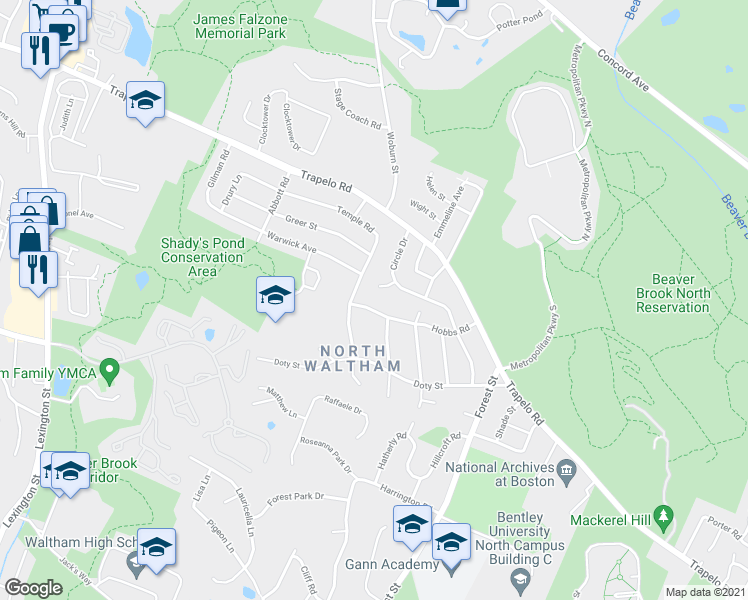 map of restaurants, bars, coffee shops, grocery stores, and more near 101 Hobbs Road in Waltham