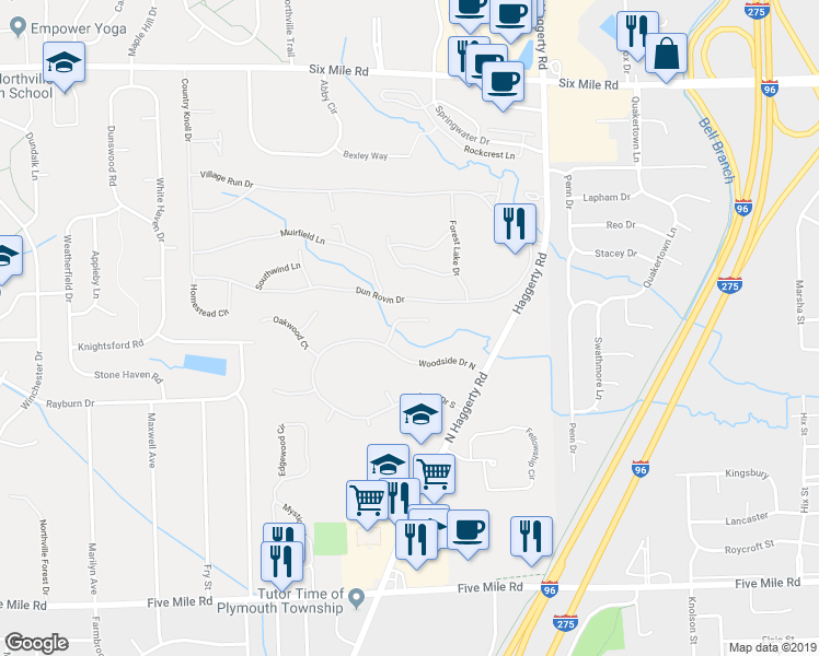 map of restaurants, bars, coffee shops, grocery stores, and more near 40429 Beechwood Court in Northville