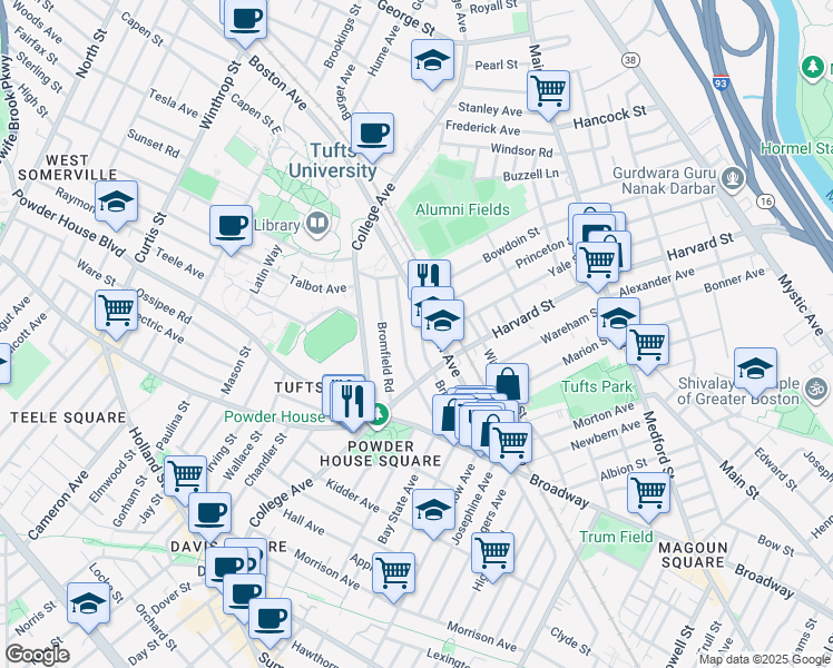 map of restaurants, bars, coffee shops, grocery stores, and more near 19 Saint Clements Road in Medford